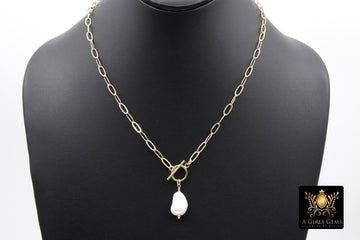 14 K Gold Filled Large Pearl Necklace, Genuine 14 K Gold Filled Paperclip Chain Necklace, White Baroque Pearls Paperclip Oval Chain, June Birthstone